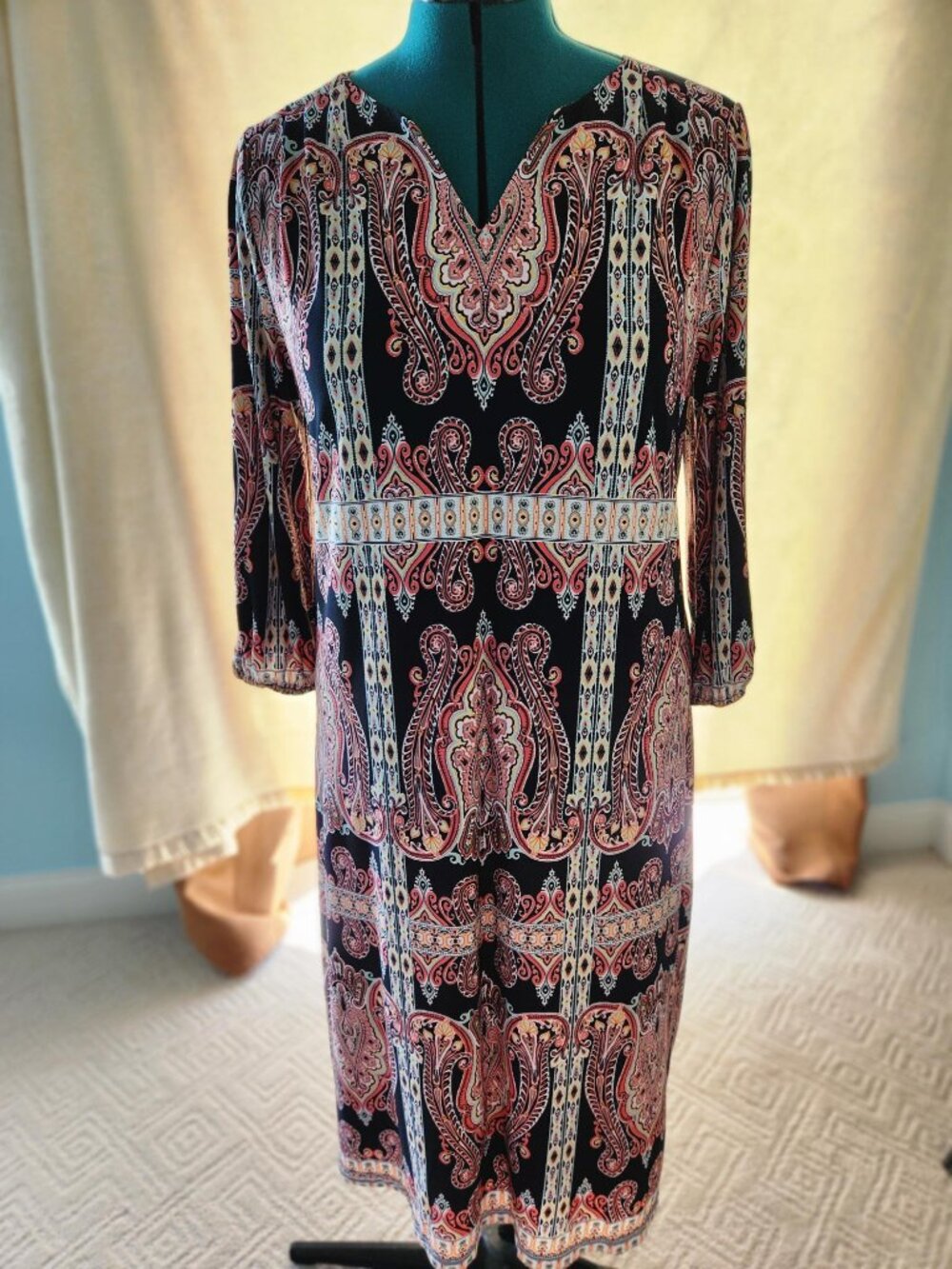 AUW Size 12 Black Paisley Long Sleeve Midi Dress Boho